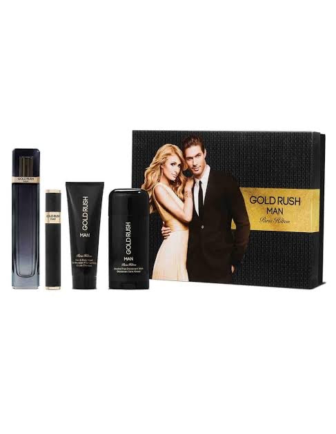 PARIS HILTON SET GOLD RUSH MAN EDT 4 PZAS